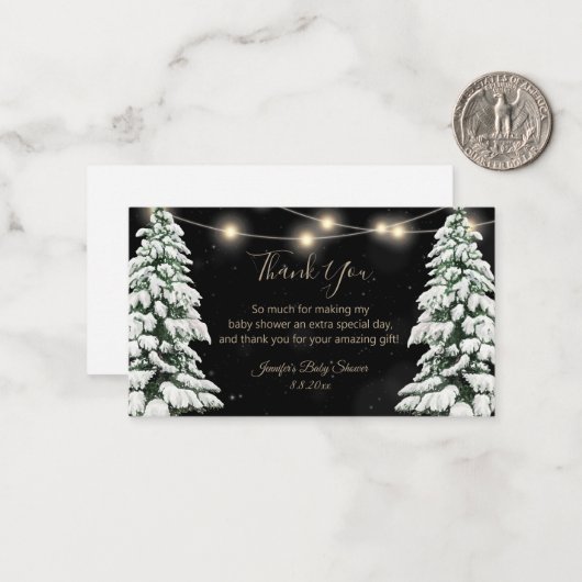 baby shower met snowpiene pijnbomen dank je zwart notitiekaartje (Voorkant / Achterkant in situ)