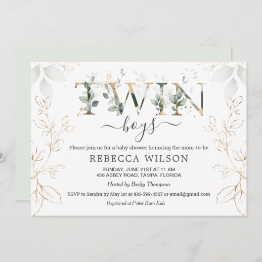 Baby shower met twee bakken voor groene en goudvul kaart (Voorkant / Achterkant)