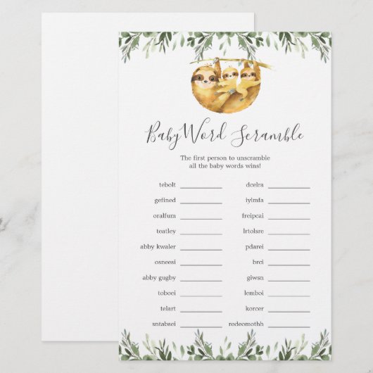Baby shower met twee sleuven Word Scramble Game (Voorkant / Achterkant)