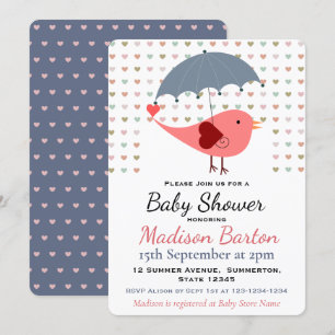 Baby Shower met Vogel onder Paraplu Regenende Hart Kaart