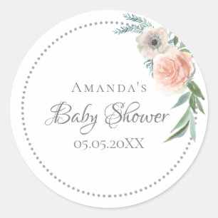 Baby shower met waterkleurige roze floralen ronde sticker