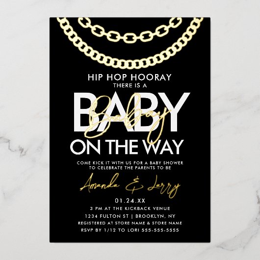 Baby shower met zwarte en goudhap folie uitnodiging (Voorkant)