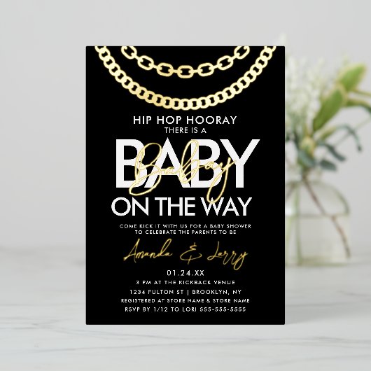 Baby shower met zwarte en goudhap folie uitnodiging (Staand Voorkant)