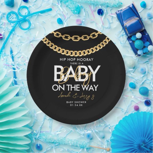 Baby shower met zwarte en goudhap papieren bordje (Feest)