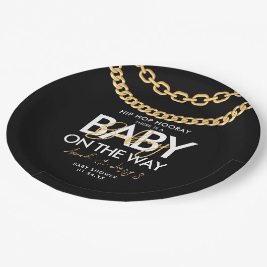 Baby shower met zwarte en goudhap papieren bordje (Gekanteld)