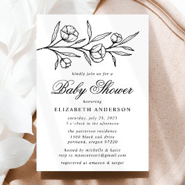 Baby Shower met Zwarte Geschetste Bloemen Kaart