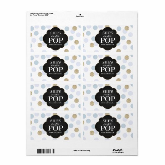 Baby shower Mini Champagne Label Blue Polka Dots (Full Sheet)