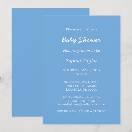 Baby shower minimalistische blauwe uitnodiging (Voorkant / Achterkant)
