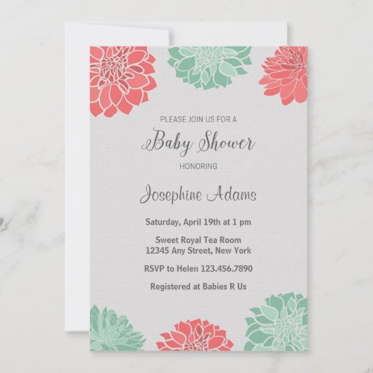 Baby shower Mint en Coral Dahlia Kaart (Voorkant)