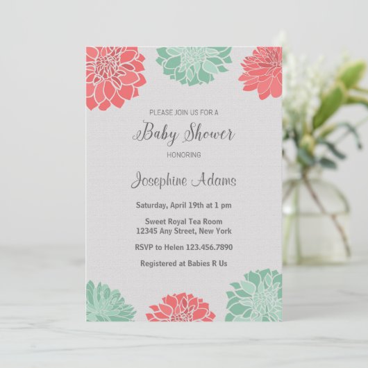 Baby shower Mint en Coral Dahlia Kaart (Staand voorkant)