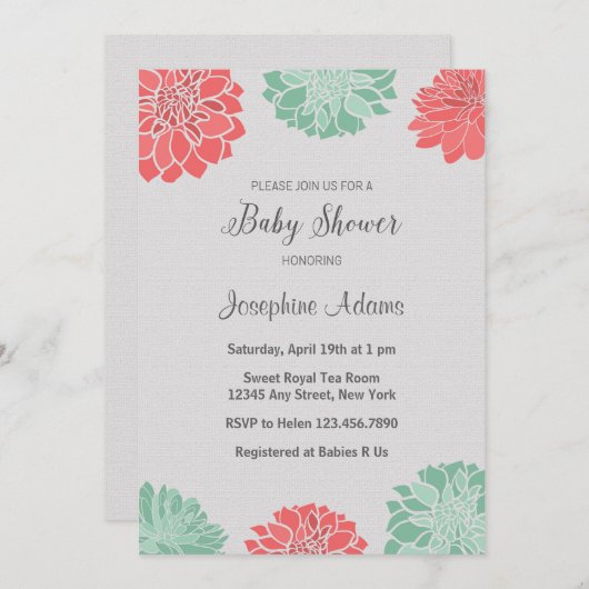Baby shower Mint en Coral Dahlia Kaart (Voorkant / Achterkant)