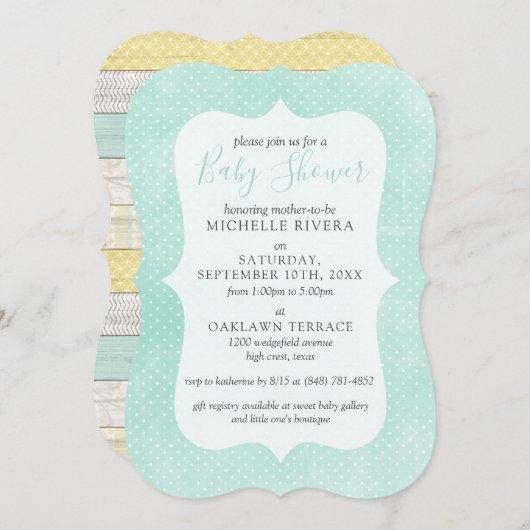 Baby shower Mint Geel Rustiek Hout Genderneutraal Kaart (Voorkant / Achterkant)