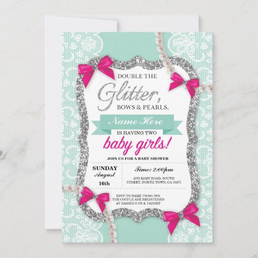 Baby shower Mint Glitter Bow Twins Meisjes Uitnodi Kaart (Voorkant)