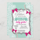 Baby shower Mint Glitter Bow Twins Meisjes Uitnodi Kaart (Voorkant / Achterkant)