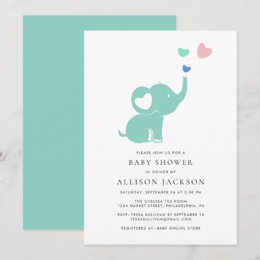 Baby shower Mint Groene Olifant Geslachtsneutraal Kaart (Voorkant / Achterkant)