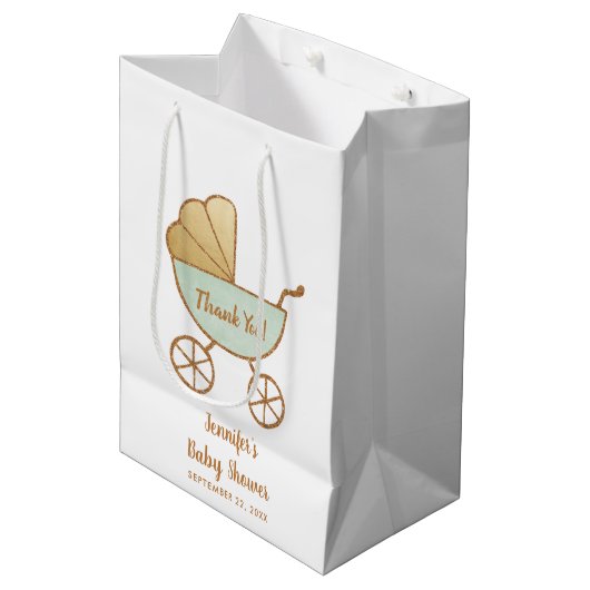 Baby shower Mint Retro Carriage Dank u Schattige Medium Cadeauzakje (Voorkant Gekanteld)