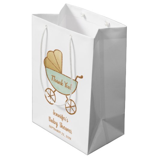 Baby shower Mint Retro Carriage Dank u Schattige Medium Cadeauzakje (Achterkant Gekanteld)