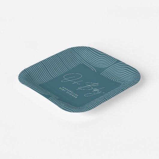 Baby shower modern blauwgroen blauw elegant geomet papieren bordje (Gebogen)