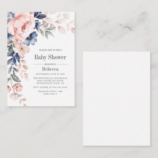 Baby shower Modern Bloom Blue Pink Floral Notitiekaartje (Voorkant / Achterkant)