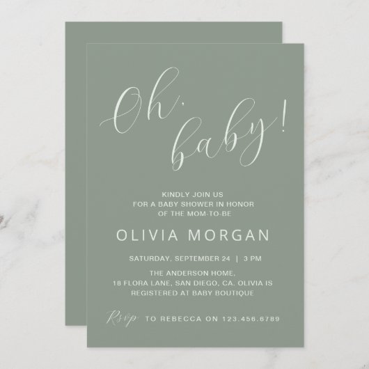 Baby shower Modern Sage Green Elegant Invitation Kaart (Voorkant / Achterkant)
