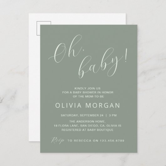 Baby shower Modern Sage Green Elegant Invitation Uitnodiging Briefkaart (Voorkant / Achterkant)