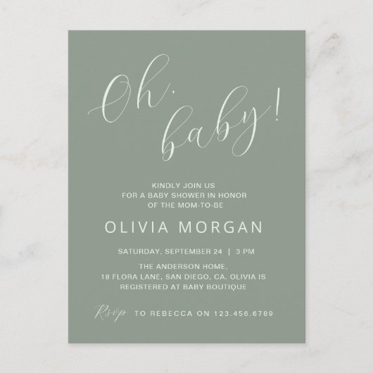 Baby shower Modern Sage Green Elegant Invitation Uitnodiging Briefkaart (Voorkant)