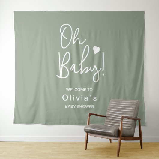Baby shower Modern script Groen Welkom Oh Baby Wandkleed (In Situ (horizontaal))