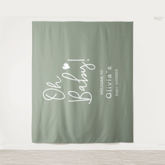 Baby shower Modern script Groen Welkom Oh Baby Wandkleed (Voorkant)