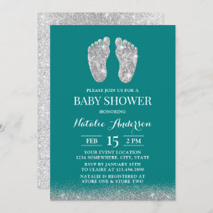 Baby shower Modern Silver Glitter Baby Foot Blauwg Kaart