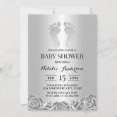 Baby shower Modern Silver Glitter Feet Roos Floral Kaart (Voorkant)