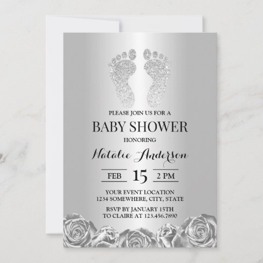 Baby shower Modern Silver Glitter Feet Roos Floral Kaart (Voorkant)