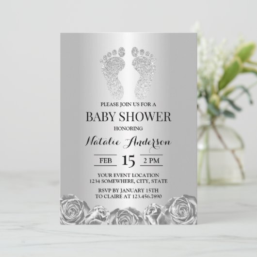 Baby shower Modern Silver Glitter Feet Roos Floral Kaart (Staand voorkant)