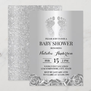 Baby shower Modern Silver Glitter Feet Roos Floral Kaart