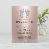 Baby shower Modern Silver Glitter Feet Roos Gold Kaart (Staand voorkant)