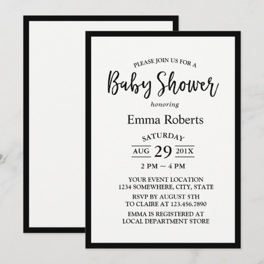 Baby Shower Modern Zwart & Wit Minimalistisch Kaart (Voorkant / Achterkant)