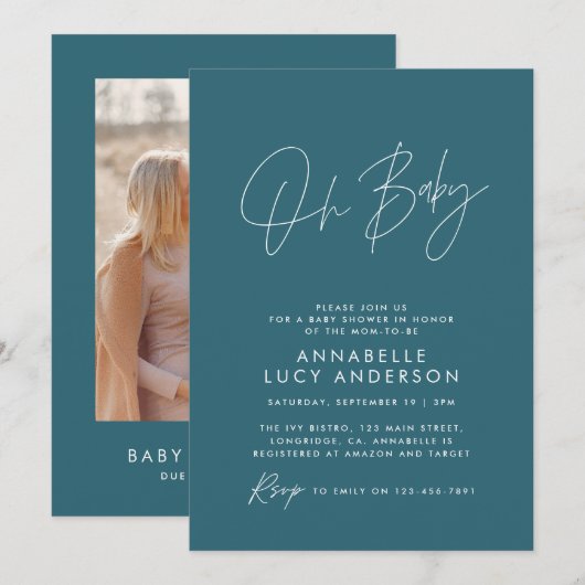 Baby shower moderne blauwgroen blauwe elegante fot kaart (Voorkant / Achterkant)