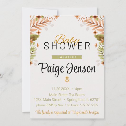 Baby shower Moderne Groene en Bruine Botanicals Kaart (Voorkant)