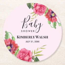 Baby shower Moderne rode roze bloemen op lichtroze Ronde Kartonnen Onderzetter