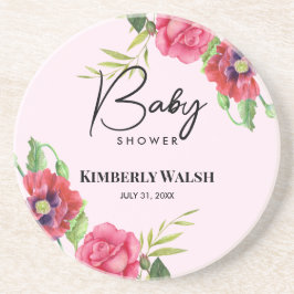 Baby shower Moderne rode roze bloemen op lichtroze Zandsteen Onderzetter