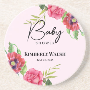 Baby shower Moderne rode roze bloemen op lichtroze Zandsteen Onderzetter