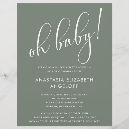 Baby Shower Moderne Script Sage Groene Uitnodiging Flyer (Voorkant)