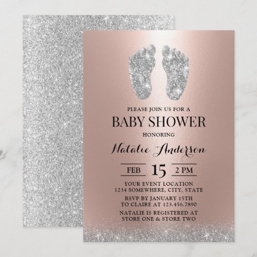  Baby Shower Moderne Zilveren Glitter Voetjes Rose Kaart (Voorkant / Achterkant)