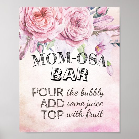 Baby shower MOM-OSA BAR Sign Boho Flowers Feathers Poster (Voorkant)