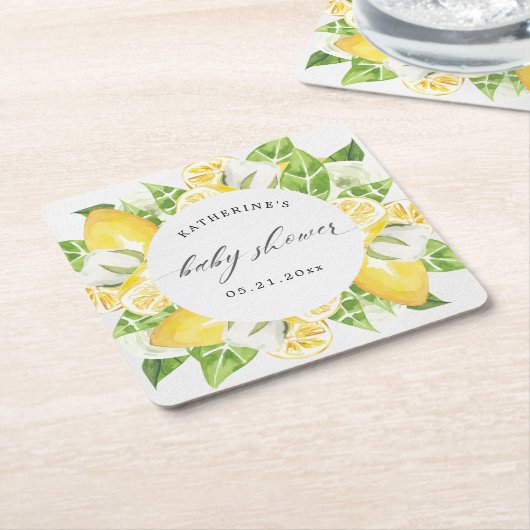 baby shower monogram citrusvruchten - citrusbloem kartonnen onderzetters (Schuin)