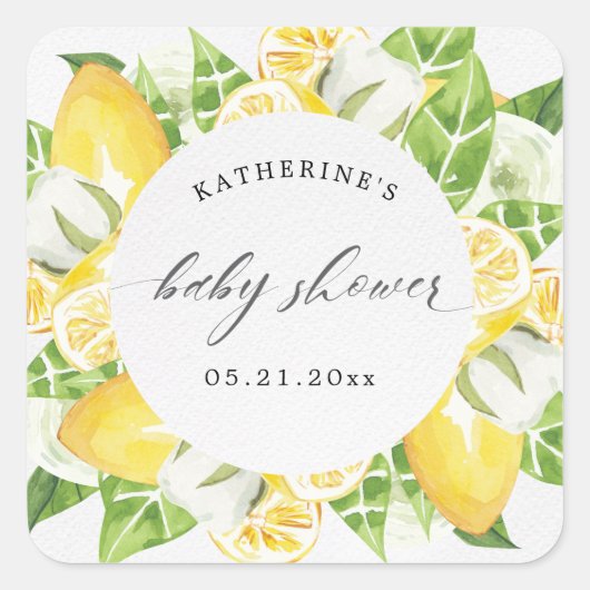 baby shower monogram citrusvruchten - citrusbloem vierkante sticker (Voorkant)