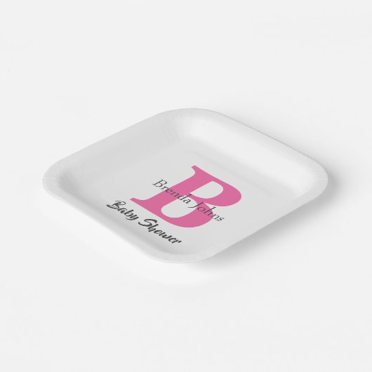 Baby shower Monogram Roze Wit Schattige Elegant Papieren Bordje (Gebogen)