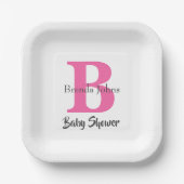 Baby shower Monogram Roze Wit Schattige Elegant Papieren Bordje (Voorkant)