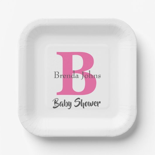 Baby shower Monogram Roze Wit Schattige Elegant Papieren Bordje (Voorkant)