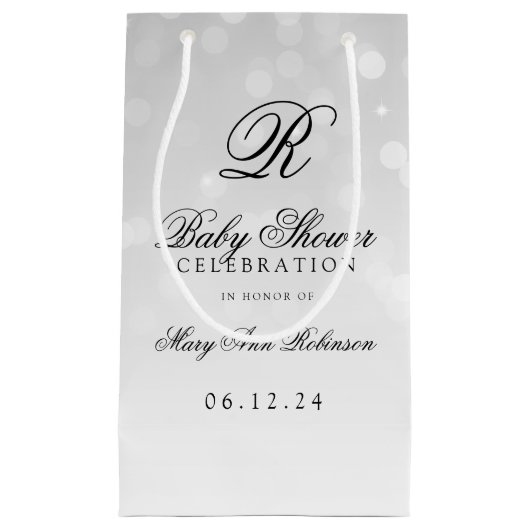 baby shower monogram Silver Bokeh Sparkle Lights Klein Cadeauzakje (Voorkant)