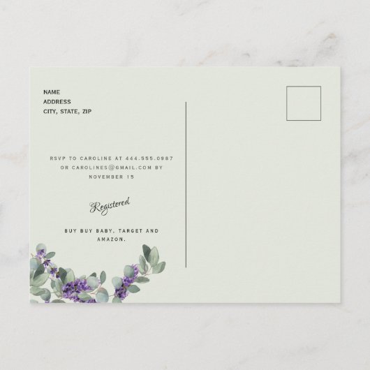 Baby shower mooie lavendel uitnodiging briefkaart (Achterkant)